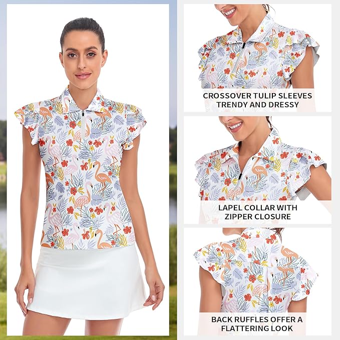 Soneven Womens Petal Sleeve Golf Shirts Moisture Wicking Lady Golf Apparel Print Tennis Sport T Shirt