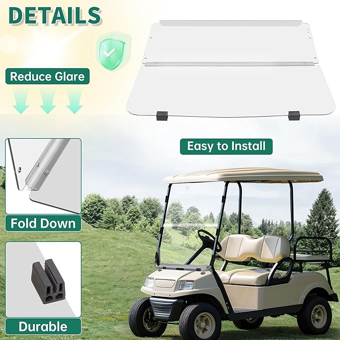ECOTRIC Windshield Compatible with 1982-2000.5 Club Car DS Clear Fold Down Impact Resistant Golf Cart DS Model Approximate dimensions 39.25"W X 36.75"H