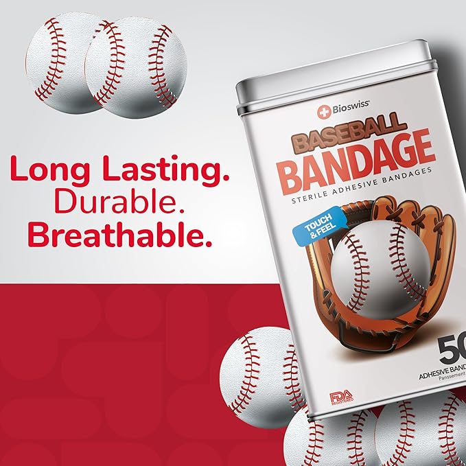 BioSwiss Bandages, Baseball Shaped Self Adhesive Bandage Set, Latex Free, Sterile Wound Care, 50 Count