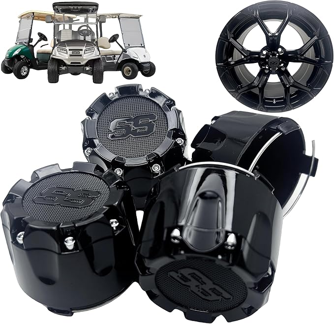 Golf Cart SS Wheel Center Cap Cover, ITP Push in Style Wheel Hub Caps (2026 New Model) for EZGO Club Car Yamaha and Other Models 8,10,12,14 inch Wheel,4 PCS(Gloss Black with Black SS)