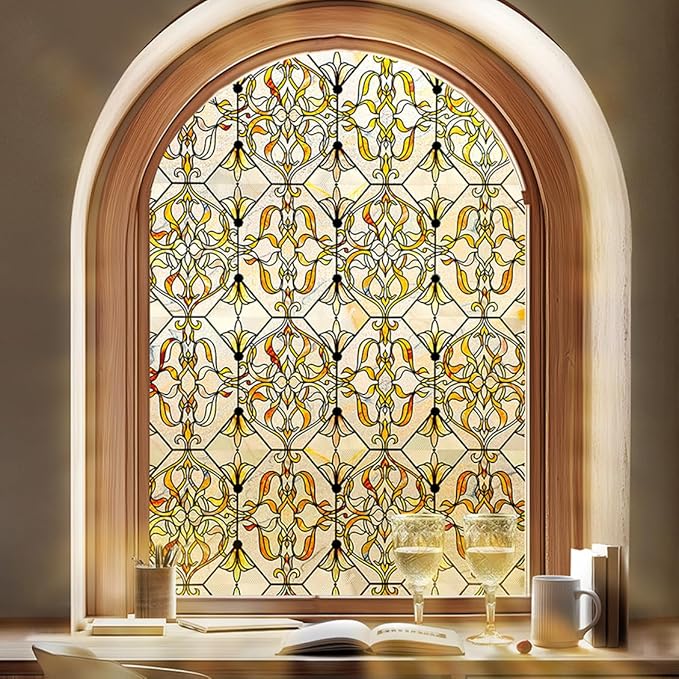 3D Stained Glass Window Privacy Film, Heat Control UV Blocking Static Cling by OHTMERU