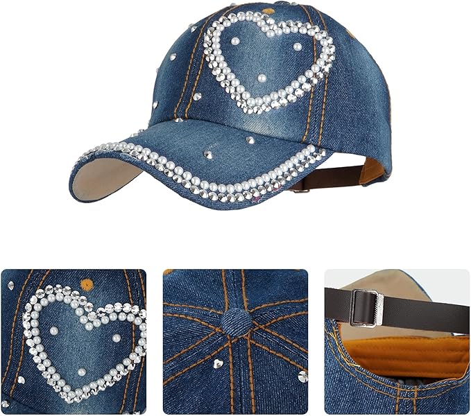 Hoce Fashion Rhinestone Denim Baseball Cap Studded Bling Hat for Women