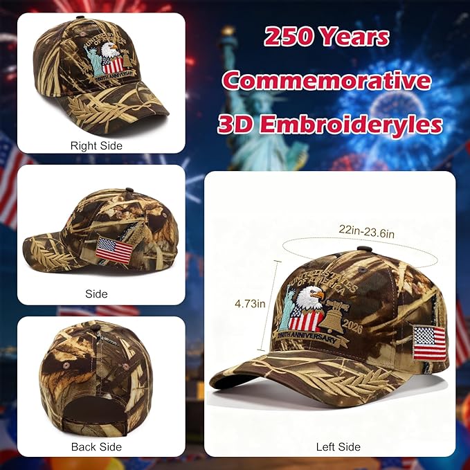 2 Pack 250 Anniversary USA Hat Embroidered Eagle & Liberty，Adjustable Patriotic American Flag Baseball Caps for Men Women