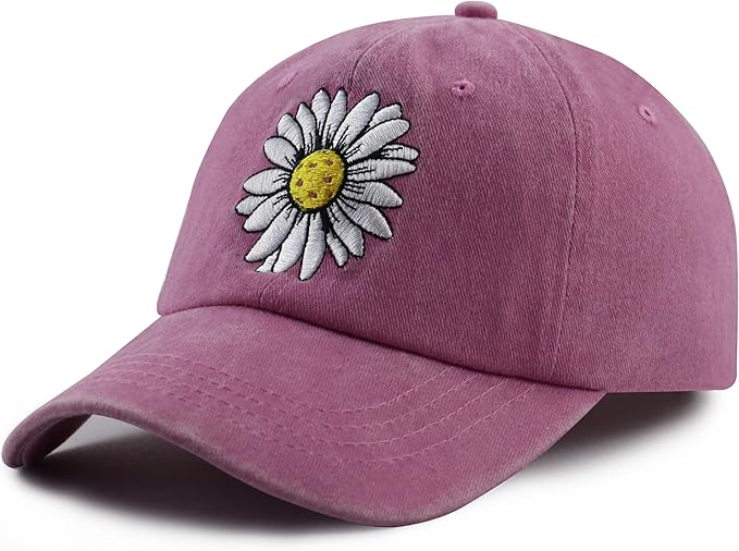 Pickleball Hat for Women, Adjustable Cotton Embroidered Daisy Pickle Ball Baseball Cap