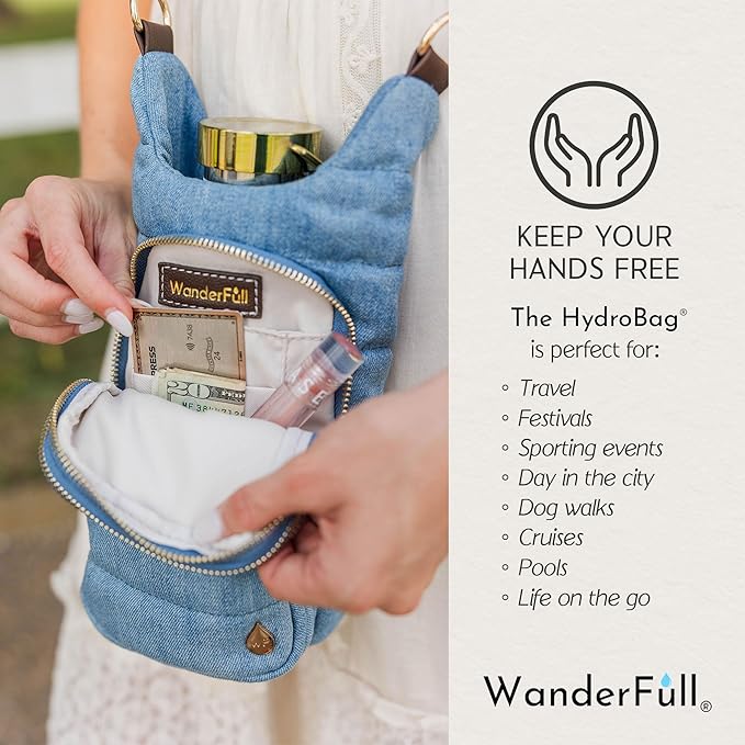 WanderFull® Original HydroBag® Collection, Water Bottle Holder, Gift for Women, Mom, Girlfriend, w/Strap & Phone Pocket, Hands-Free Crossbody Water Bottle Bag