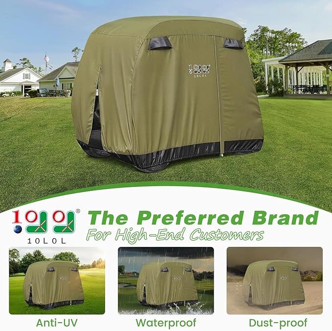 10L0L Universal Golf Cart Covers for Yamaha, Club Car, EZGO, Waterproof 2/4 Passenger Heavy Duty Golf Cart Rain Covers with 3 Zipper Doors Extended Roof for Outdoor All-Weather Protection