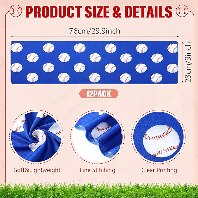 Peryiter 12 Counts Mini Cooling Towel, 30" x 9" Baseball Softball Soccer Golf Sweat Towel, Breathable Chilly Rag, Microfiber Sport Rags for Team Gym Running Coach Gift