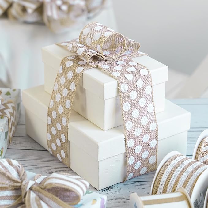 MEEDEE Burlap Ribbon with White Polka Dots - Image 4