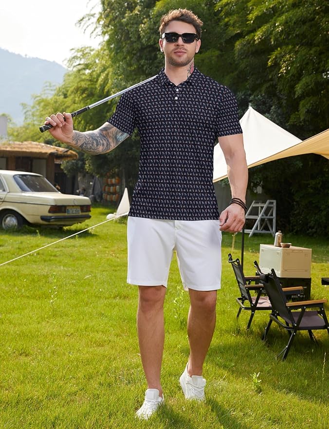 HUURAY Funny Golf Polos for Men Funny Print Short Sleeve Shirts Quick Dry Polo Shirts Hawaiian Shirt Performance Golf Outfits