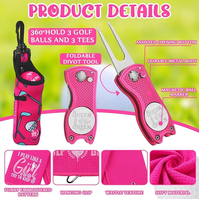 Realspring 18 Pcs Pink Golf Accessories Kit Gift for Women, Include 6 Pink Golf Balls, 6 Tees, 2 Towels, Ball Bag, Divot Tool, Gift Box