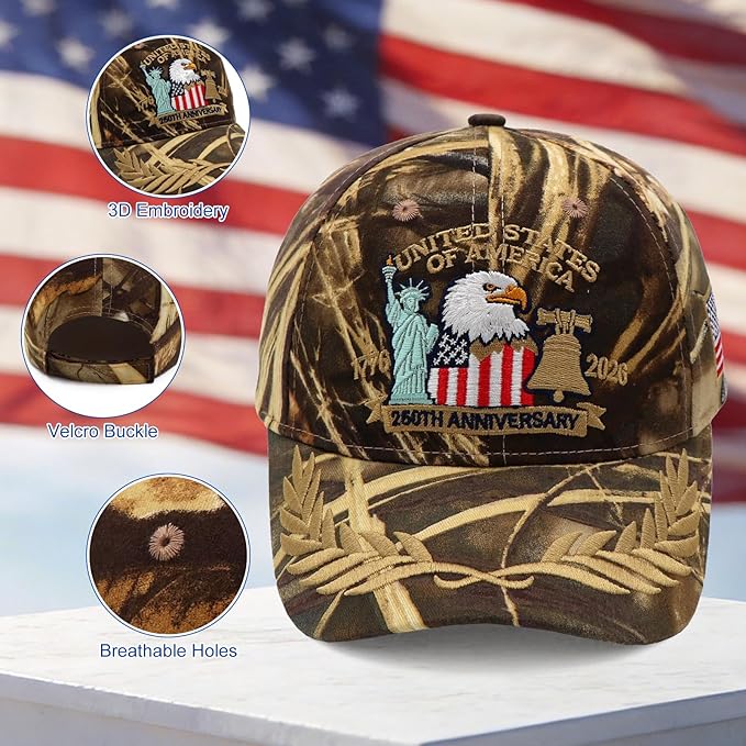 2 Pack 250 Anniversary USA Hat Embroidered Eagle & Liberty，Adjustable Patriotic American Flag Baseball Caps for Men Women
