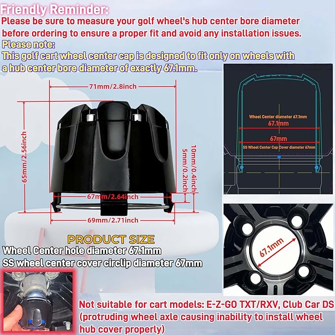 Golf Cart SS Wheel Center Cap Cover, ITP Push in Style Wheel Hub Caps (2026 New Model) for EZGO Club Car Yamaha and Other Models 8,10,12,14 inch Wheel,4 PCS(Gloss Black with Black SS)