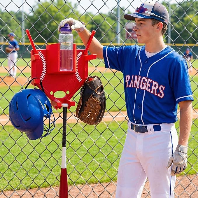 Baseball and Softball Dugout Organizer, Fence-Mounted Hanging Rack for Bats Helmets Gloves Drinks, Portable and Space-Saving (Grey)