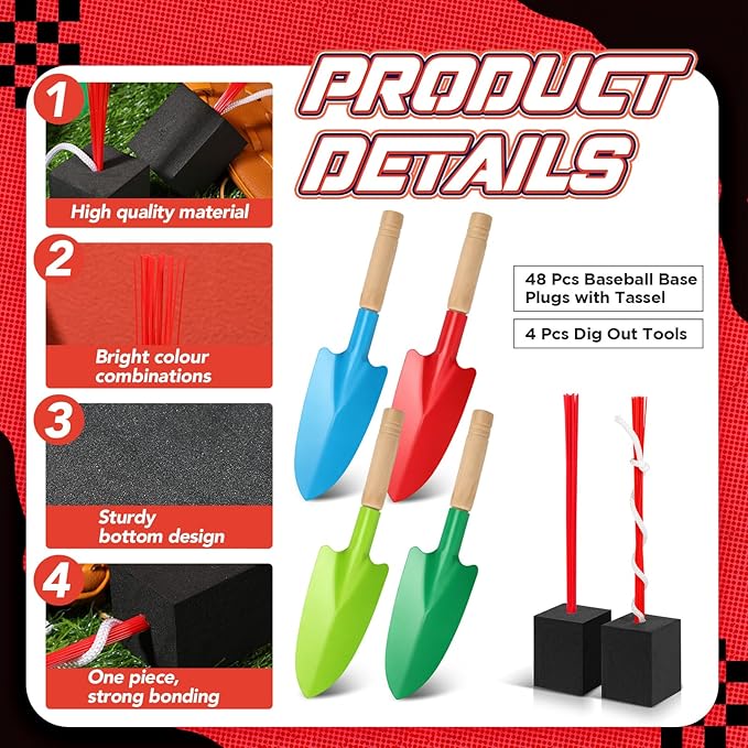 Shappy 48 Pcs Base Plugs Baseball Base Anchors with Tassel Heavy Duty Rubber Plug Dig Tools for Baseball Field Softball Drill