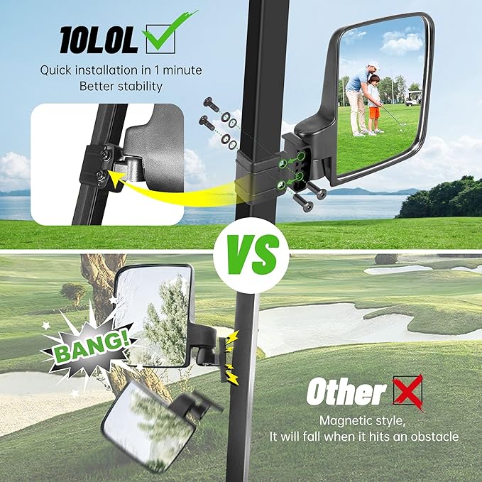 10L0L Golf Cart Mirror No Drilling Side Mirrors Universal for Yamaha, Club Car, EZGO, Folding Side Rear View Mirrors Adjustable 180 Degree HD Glass