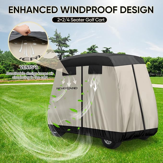 NEVERLAND Golf Cart Cover 4 Passenger - Outdoor Waterprood Golf Cart Covers, 420D Club Car Golf Cart Covers With Air Vent&Zipper Compatible with EZGO Yamaha Club Car 4 Seat (Up to 115 Inch)Black+Brown