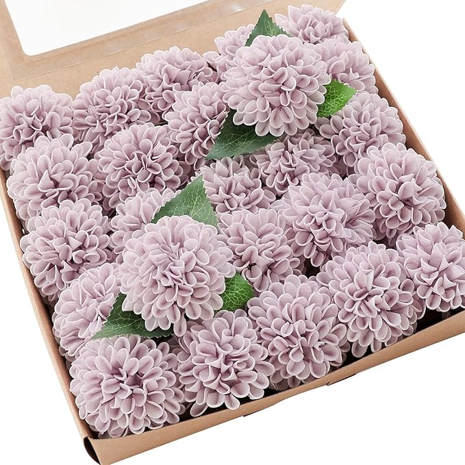 Floroom Artificial Dahlia Flowers 25pcs Real Looking Pale Lavender Foam Fake by Floroom