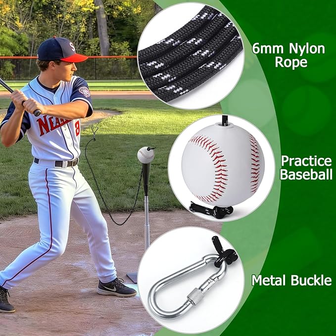 TOBWOLF Baseball & Softball Swing Trainer, Replaceable Practice Baseball on Rope with Heavy-Duty Ground Stake, Solo Swing Practice in Backyard & Get 50ft of Flight Feedback, Ideal for Baseball Players