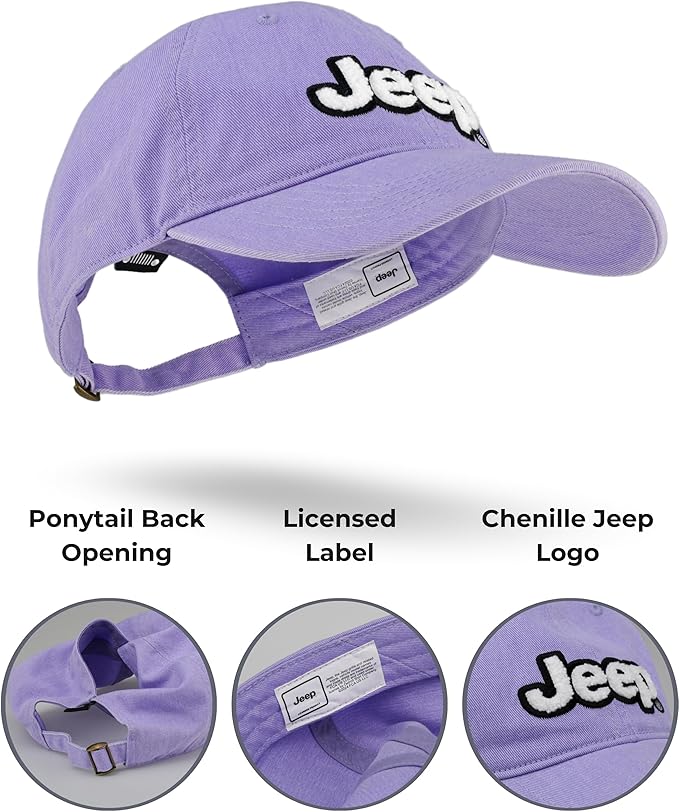 Jeep Women’s Ponytail Hat – Garment Washed Cotton Twill Baseball Cap, Chenille Logo, Adjustable Strap, Low Profile