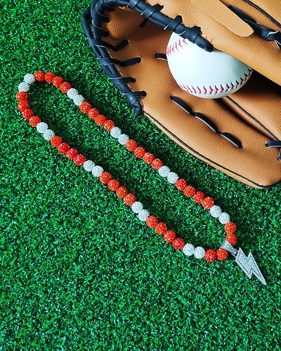 Baseball Necklace for Men 16/18/20 Inch Bling Ice Collection Lightning Bolt Pendant Necklace for Women Rhinestone Clay Beaded Discoball Accessories Gifts for Baseball Team Players Lovers