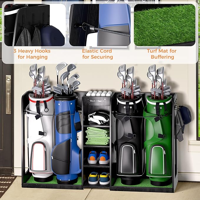 SuniBoxi Wooden Golf Storage Organizer for Garage, Premium Golf Bag Holder Rack for Golfing Accessories, Great Gift for Golfers,Husband, Dad