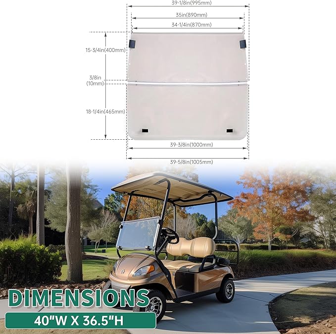 ECOTRIC Tinted Windshield Compatible with 2000.5 to Current Club Car DS Golf Cart Smoke Style Windshield Approximate Dimensions 40"W X 36.5"H Fold Down