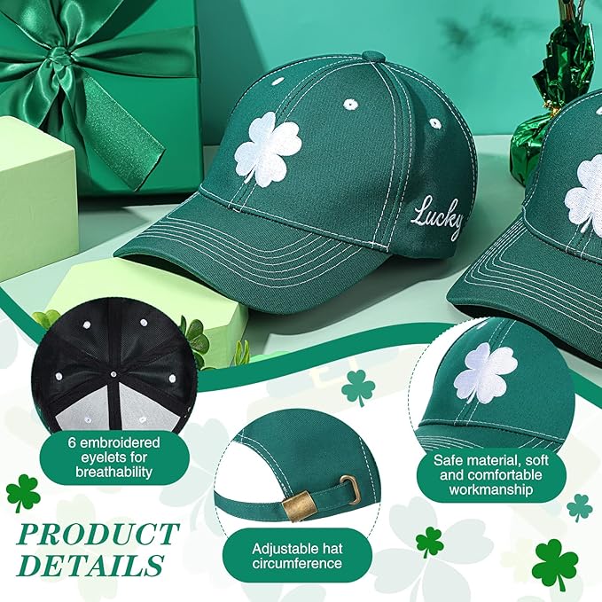 Tigeen 4 Pcs St Patricks Day Clover Caps Shamrock Hat Ireland Irish 4 Leaf St. Patrick's Day Hat Gift Men Women Baseball Cap
