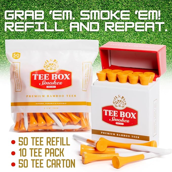 BRIMZ Tee Box Smokes Premium Bamboo Golf Tees – Magnetic Reusable Golf Tee Case – 2 ¾ Inch Eco Friendly Bamboo Tees – Funny Golf Gift for Men & Women – Golf Accessories (10 Tees)