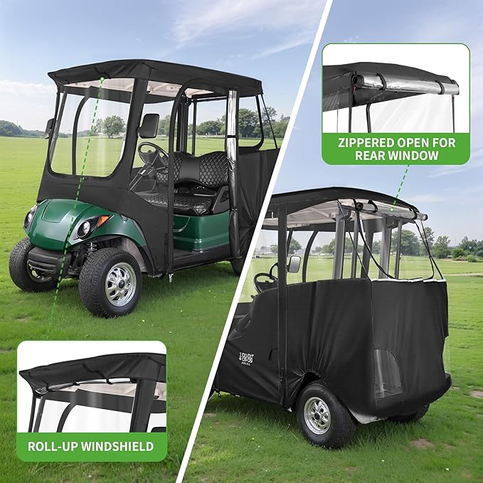 10L0L Golf Cart Driving Enclosure 2/4 Passenger for Yamaha G14 G16 G22 G29 Drive2 with Heavy Duty Zipper,600D Golf Cart Rain Cover Driving Covers with Roll-up Windshield, 4-Sided Clear Window