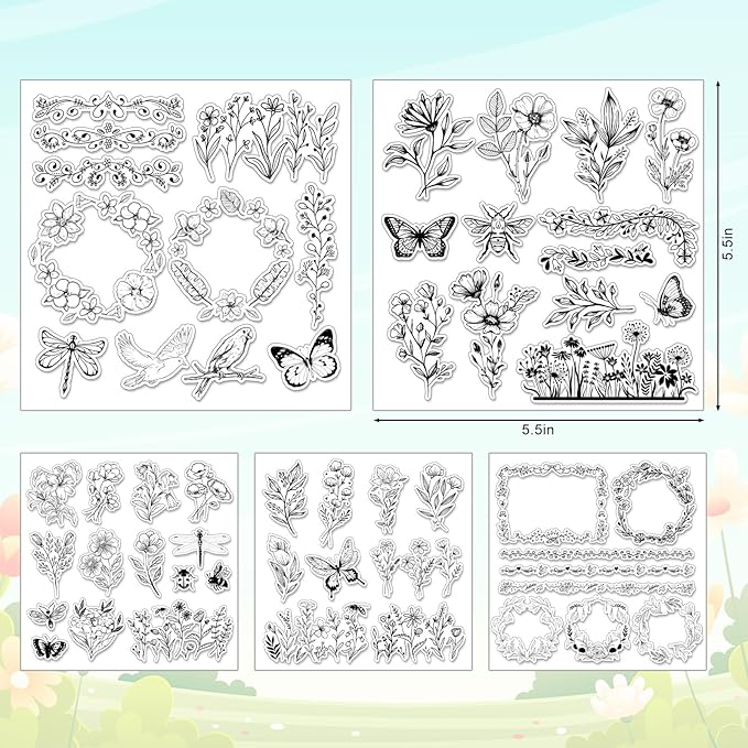 Whaline 5 Sheets Wildflower Clear Stamps Floral Leaves Butterfly Silicone - Image 2