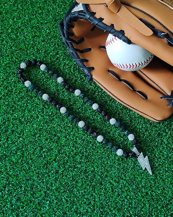 Baseball Necklace for Men 16/18/20 Inch Bling Ice Collection Lightning Bolt Pendant Necklace for Women Rhinestone Clay Beaded Discoball Accessories Gifts for Baseball Team Players Lovers