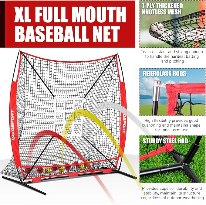 7x7' Baseball & Softball Net for Batting Pitching Hitting - Large Ball Collection System, Portable Baseball Training Equipment with Strike Zone, Tee, Ball Caddy, for Adult Sport,Youth Practice