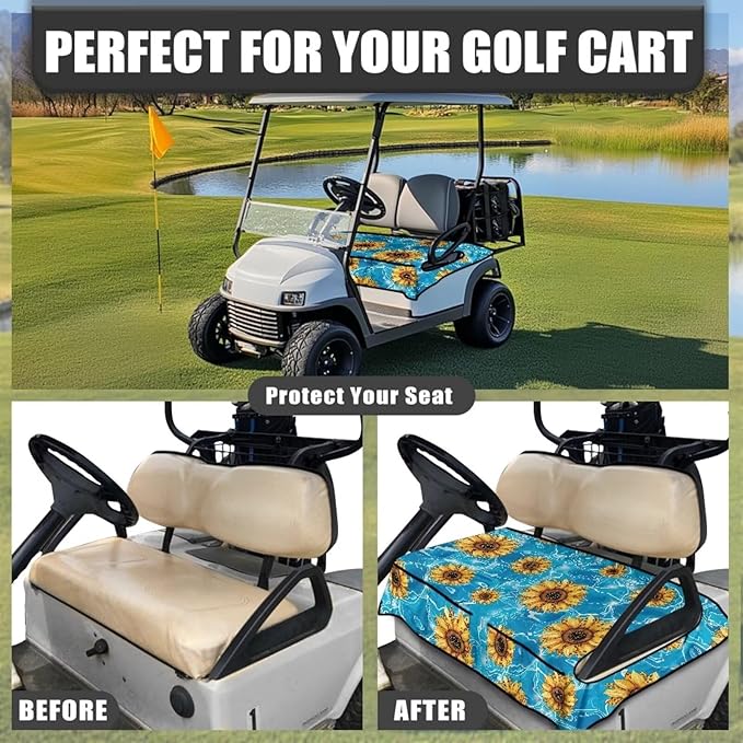 Golf Cart Seat Covers, Universal Golf Cart Seat Towel Blanket with 4 Front Pockets & Nonskid Bottom Fits for Club Car 2 Person Seats Golf Carts