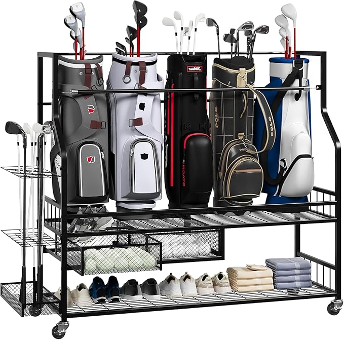 Golf Bag Storage Garage Organizer,Mobile 5-Bag Stand Fit for Golf Bag and Equipment Accessories,Golf Bag Storage Rack with Wheels for Garage