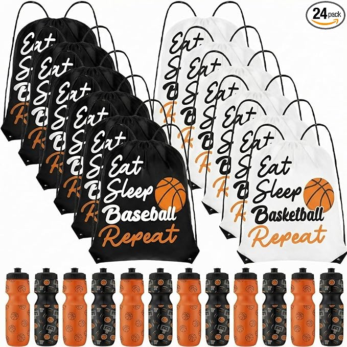 Reallnaive 24 Pcs Basketball Party Favor Gifts, 24 oz Basketball Water Bottle Reusable Sport Squeeze Drinking Cup, Eat Sleep Drawstring Bag Cinch Sack Sport Pack for School Team Gift Event Accessories