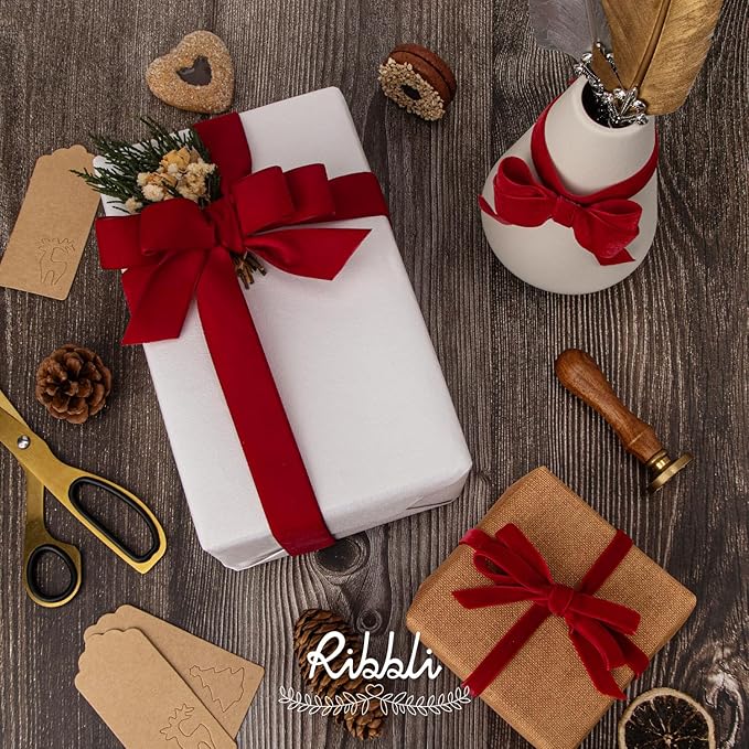 Ribbli Polyester Dark Red Velvet Ribbon, 3/8 Inches Continuous10-Yard Spool - Image 2