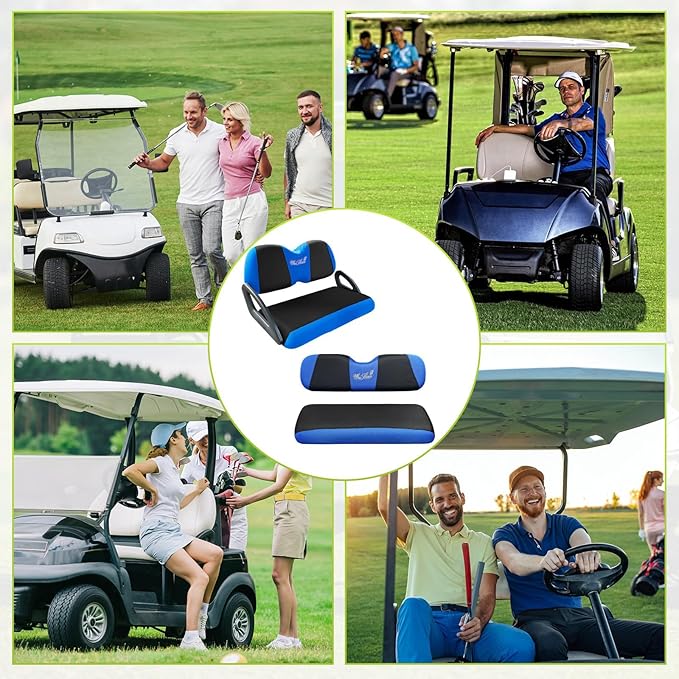 Golf Cart Seat Covers Front and Rear Set Fit for Club Car Precedent Club Car Tempo Yamaha G29 Front Seat Cushion and Aftermarket Universal Back Seat Cushion Covers Black&Blue