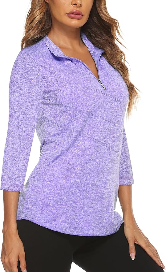 Koscacy Women's 3/4 Roll Sleeve Golf Tennis Polo Shirts UPF50+ Half Zip Dry Fit Workout Tops Athletic Shirt