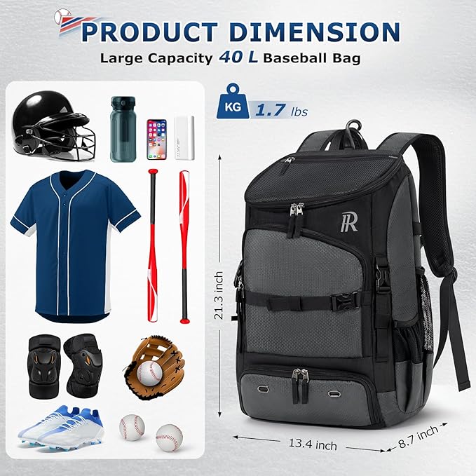 RAINSMORE Baseball Bag for Youth & Adult 40L Large Softball Bag Lightweight Baseball Backpack with Helmet Holder, Shoe Compartment, Fence Hook Waterproof Bat Bag for Baseball Softball Tball Equipment