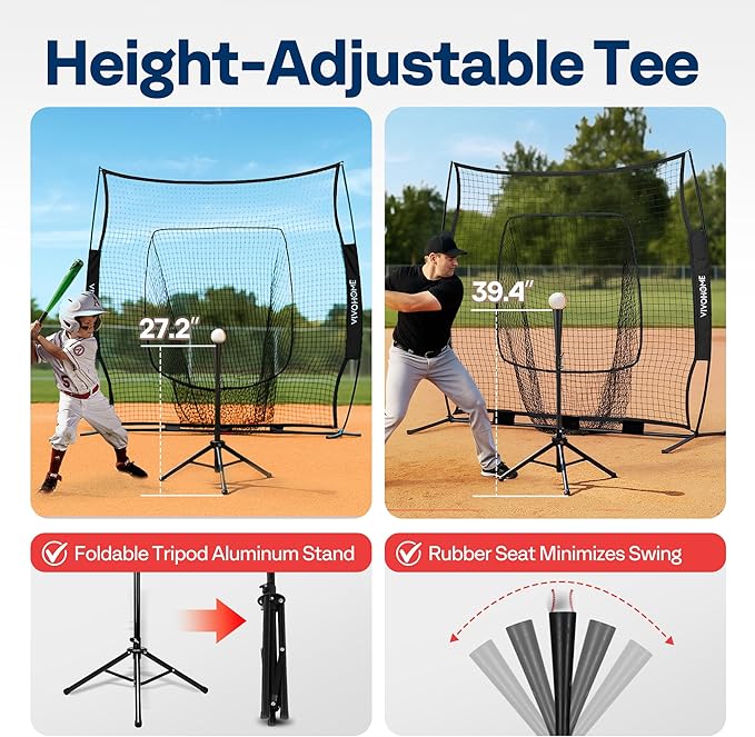 VIVOHOME Baseball Softball Batting Net - 7x7 Ft Baseball Backstop, Softball Practice Net for Hitting, Pitching, Throwing with Batting Tee and Carry Bag