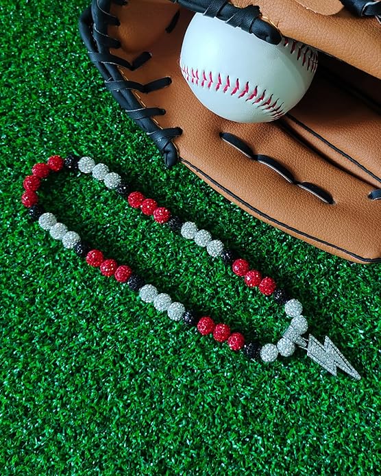 Baseball Necklace for Men 16/18/20 Inch Bling Ice Collection Lightning Bolt Pendant Necklace for Women Rhinestone Clay Beaded Discoball Accessories Gifts for Baseball Team Players Lovers