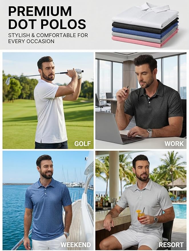 Men's Golf Polo Shirts Short Sleeve Moisture Wicking Dry Fit Performance Print Patterns Collared Polo Shirt