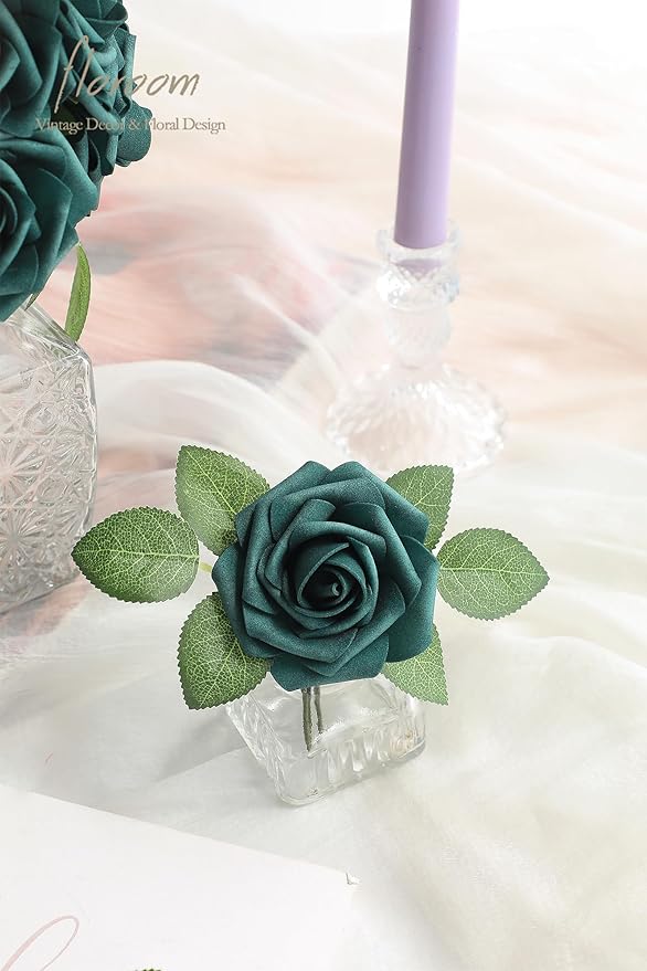 Floroom Artificial Flowers 25pcs Real Looking Peacock Green Foam Fake Roses - Image 5