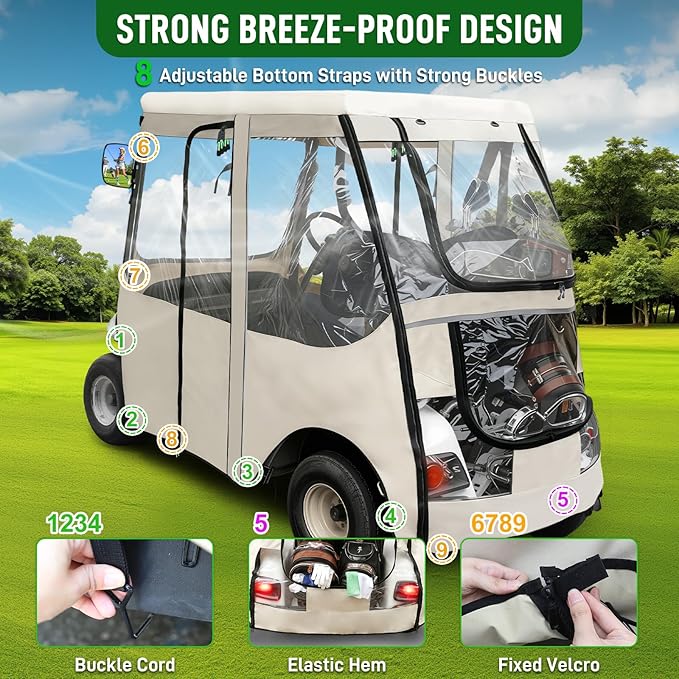 Golf Cart Deluxe Driving Enclosure 2 Passengers Fits EZGO TXT & RXV Golf Cart, Fits Short Roof 40.94" W and 59.05" L, Clear Window with Door Zippers 600D Heavy Duty Drivable Rain Covers