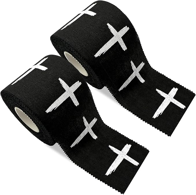 Cross Sports Athletic Tape 2 in x 30 ft 100% Cotton Christian Gift God Jesus Bible Verse Faith White Black Wrap Brace Wrist Ankle Finger Football Baseball Soccer Wrestling (2 Qty: Distressed Wht+Blk)