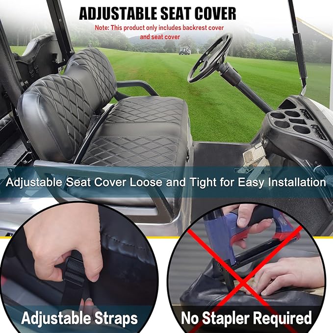 NOKINS Golf Cart YD Diamond Seat Cover for Yamaha Drive/Drive 2 OEM Standard Seat Cushion, No Stapler, Golf Cart Vinyl Replacement Front Seat Cover Black Stitching