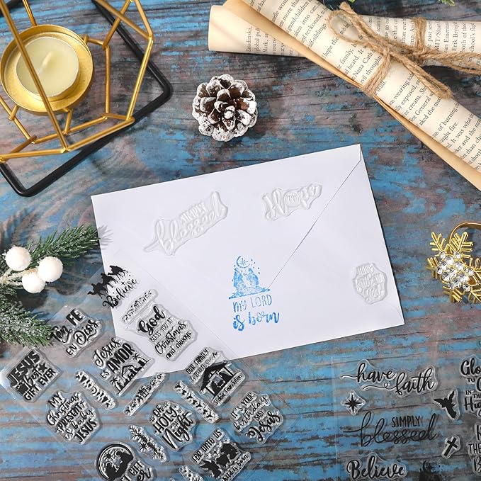 Whaline 4 Sheets Christmas Clear Stamps Greeting Words Nativity Scene Silicone - Image 6