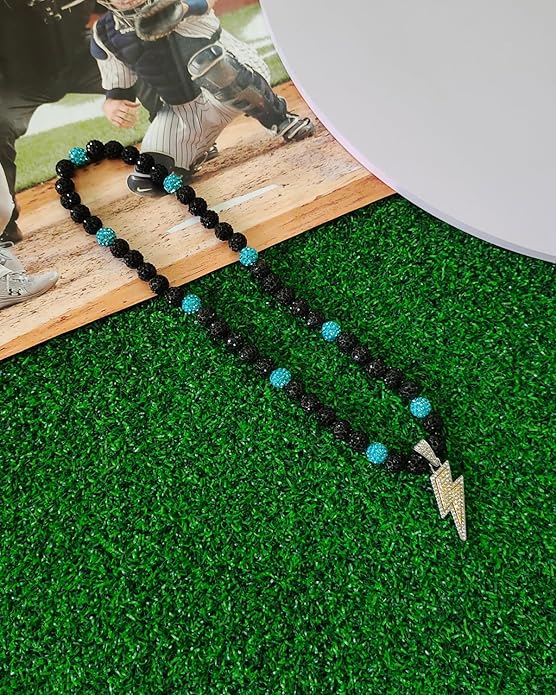Baseball Necklace for Men 16/18/20 Inch Bling Ice Collection Lightning Bolt Pendant Necklace for Women Rhinestone Clay Beaded Discoball Accessories Gifts for Baseball Team Players Lovers