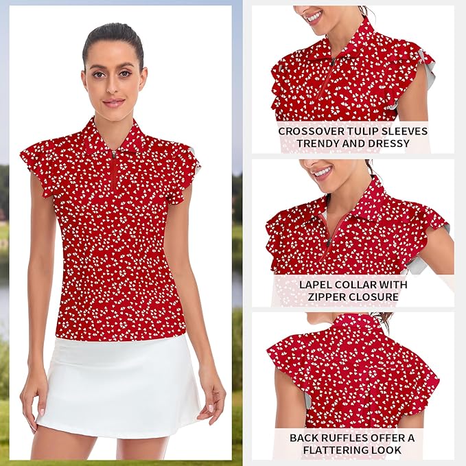 Soneven Womens Petal Sleeve Golf Shirts Moisture Wicking Lady Golf Apparel Print Tennis Sport T Shirt