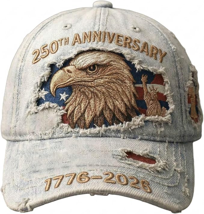 USA 250th Anniversary Hat, Adjustable 250th Anniversary Printed Patriotic Baseball Caps, Tribute Retro Washed Hat